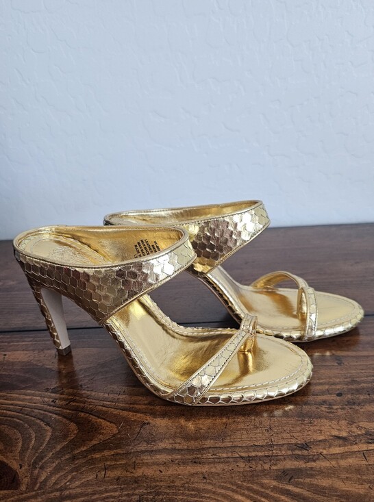 Vince Camuto Shoes - Vince Camuto Gold Metallic Snake-Print High Heel Slide Sandals Womens Sz 6M